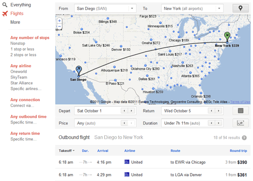 Google flights interface